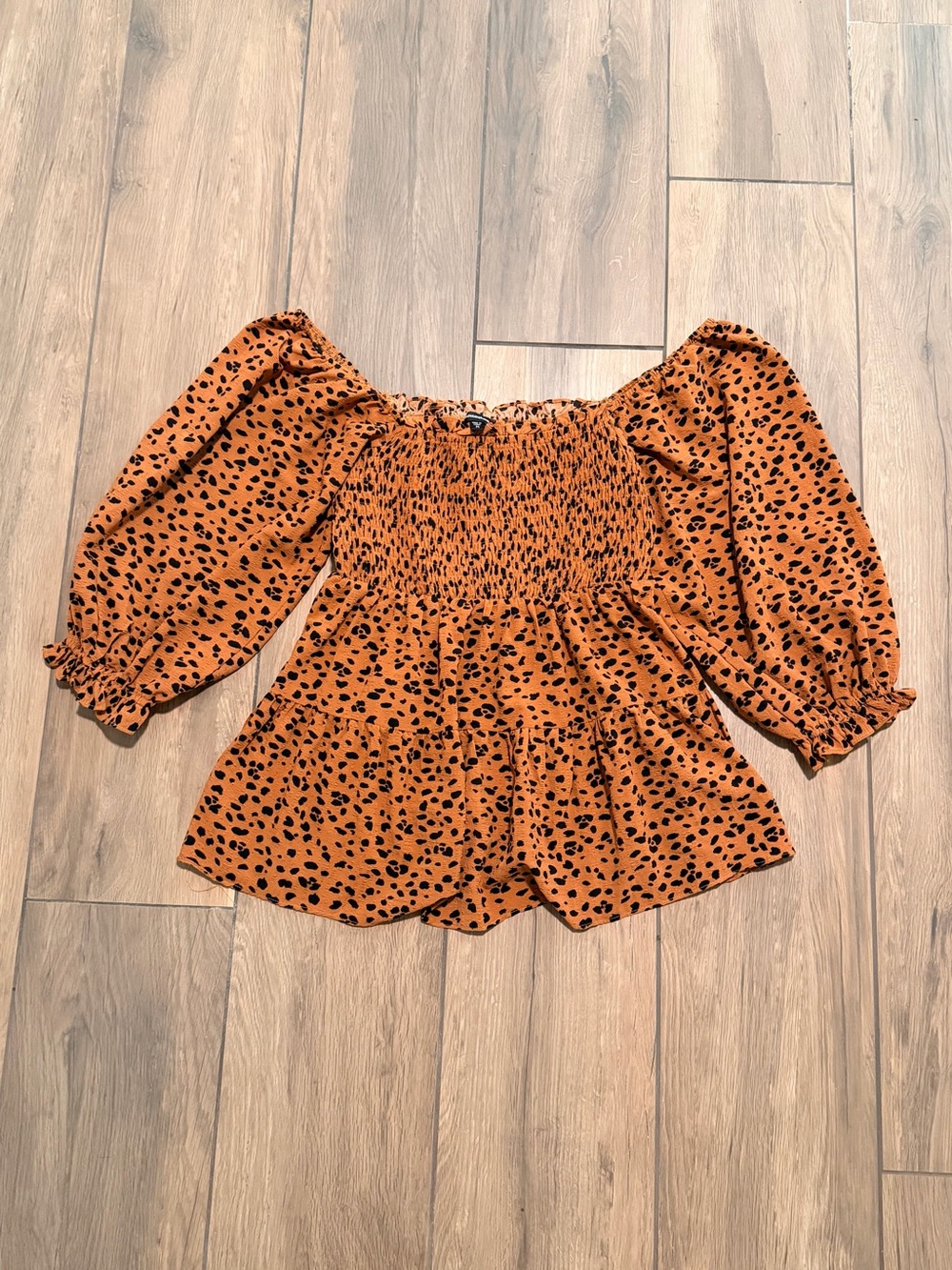 Smocked Peasant Top with leopard  Print